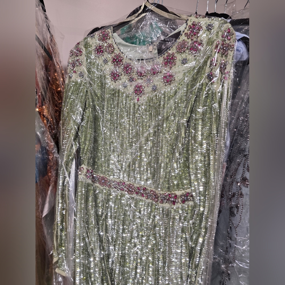 Mac Duggal Sage Sequin Dress with Bishop Sleeves - Picture 6 of 6